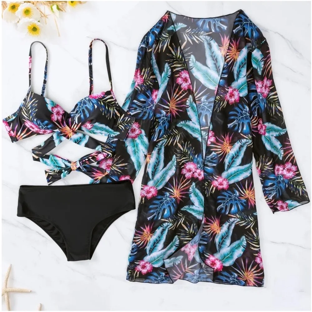 Floral Tropical Print Cut out High Waisted Bikini Kimono Beach - Picture 4 of 7
